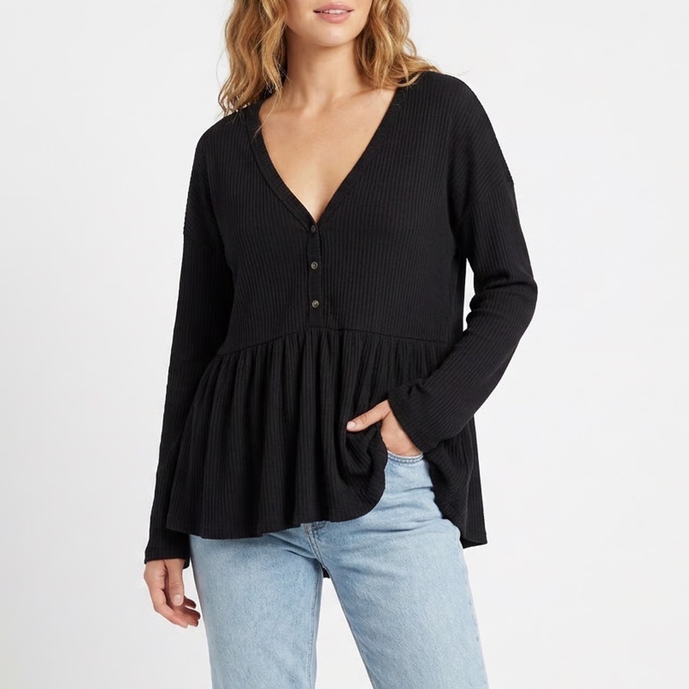 Park Adelyn Peplum Babydoll Blouse Top Women Large Black Henley Neck Waffle Knit